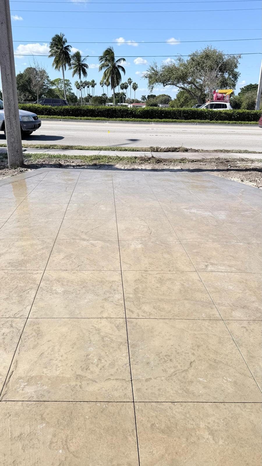 Completed colored and stamped concrete flatwork