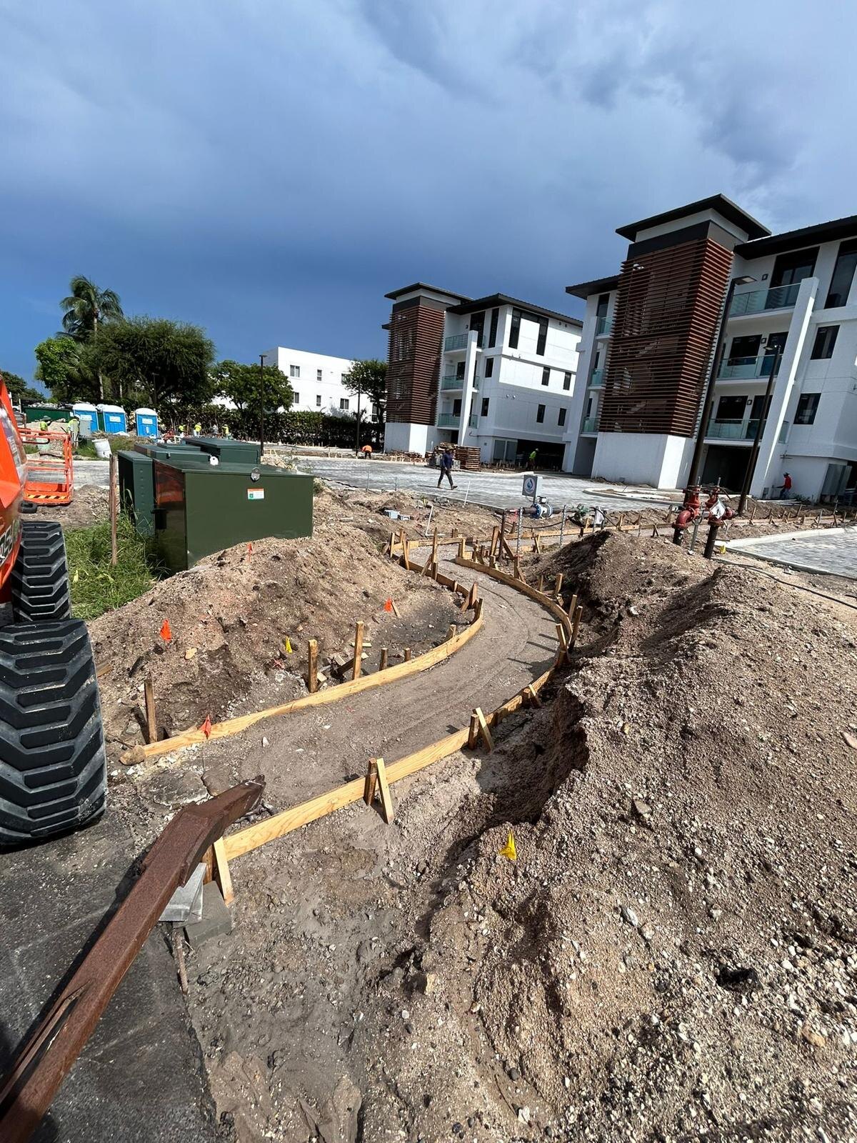 Curved wood edge forms prepared for concrete placement